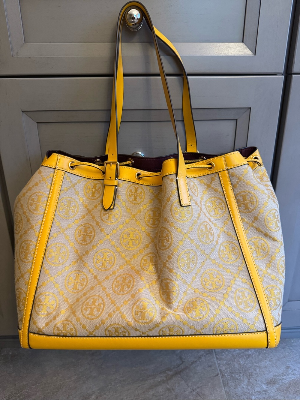 Tory Burch Yellow Logo Jacquard Drawstring Tote - Picture 3 of 5